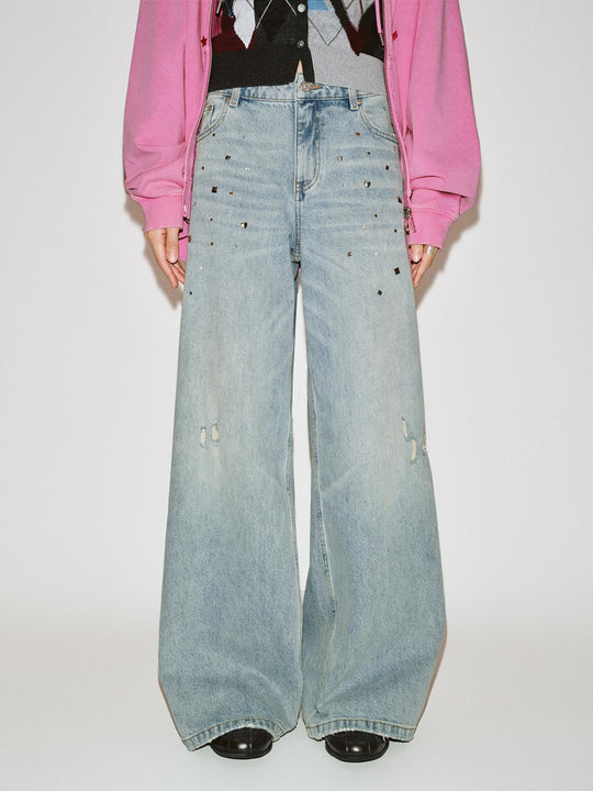 Studded Raw Detail Wide Leg Jeans