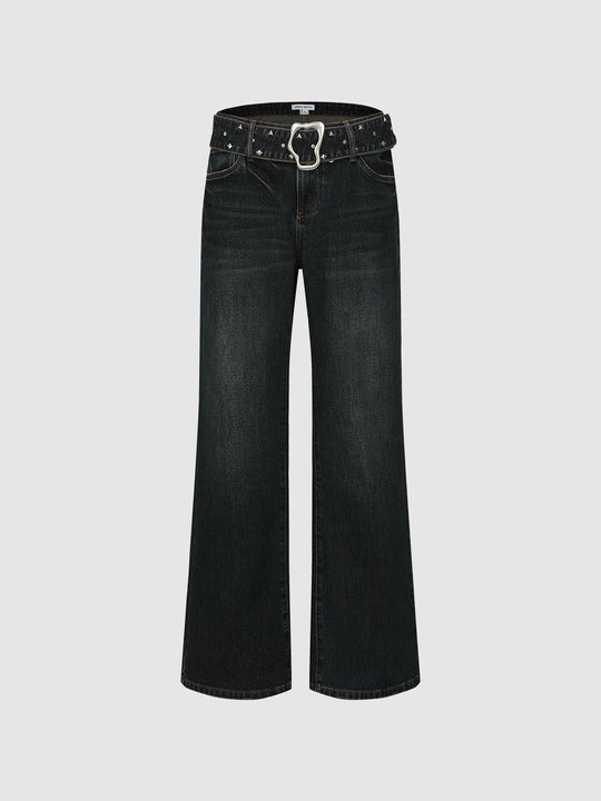 Studded Belt Wide Leg Jeans
