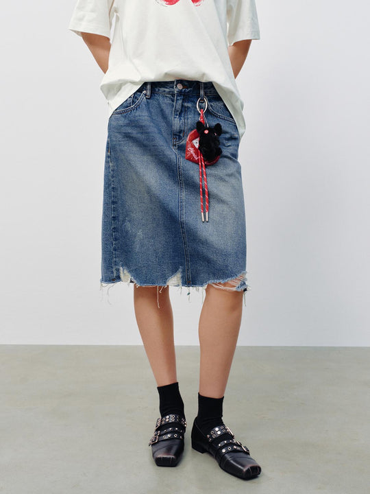 Washed Raw Detail Denim Midi Skirts