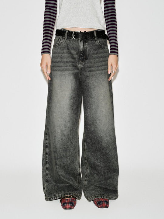 Belted Washed Wide Leg Jeans