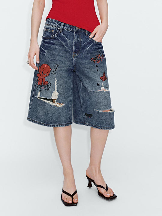 Printed Raw Detail Denim Shorts