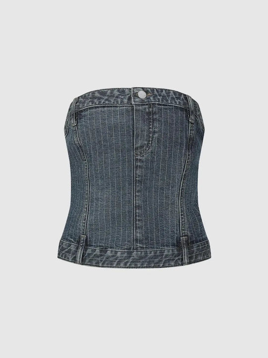 Seamed Striped Denim Tube Tops