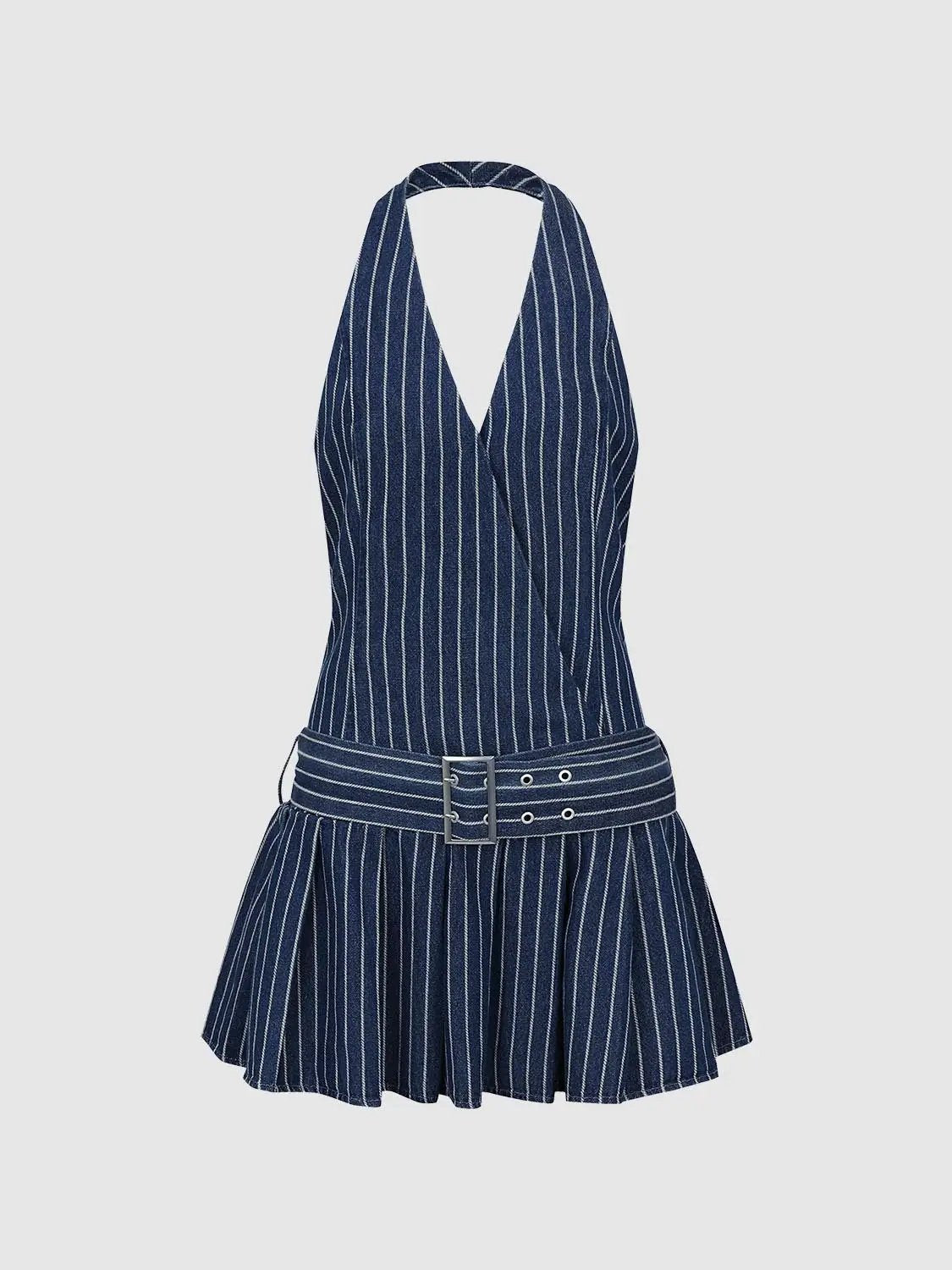 Blue denim dress with halter neckline, vertical white stripes, belted waist, and pleated mini skirt.