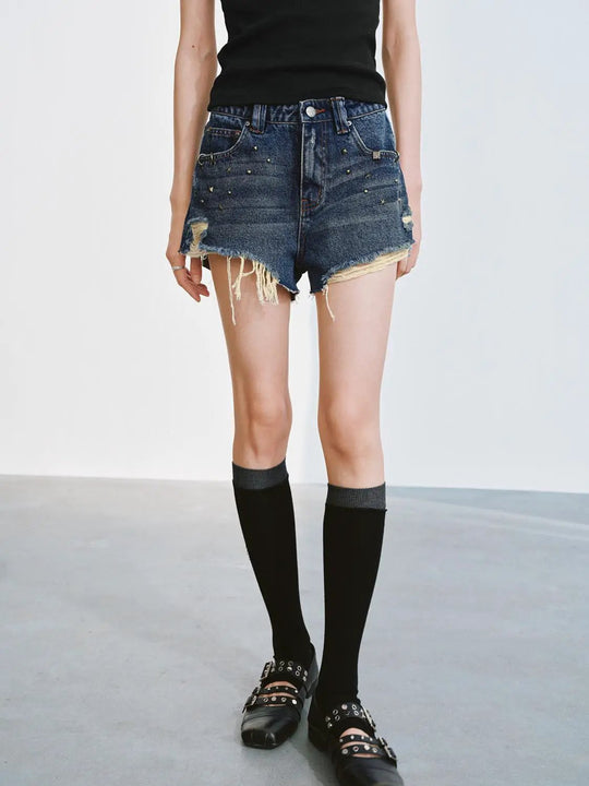 Distressed Denim With Raw Hem And Studded Detailing Shorts