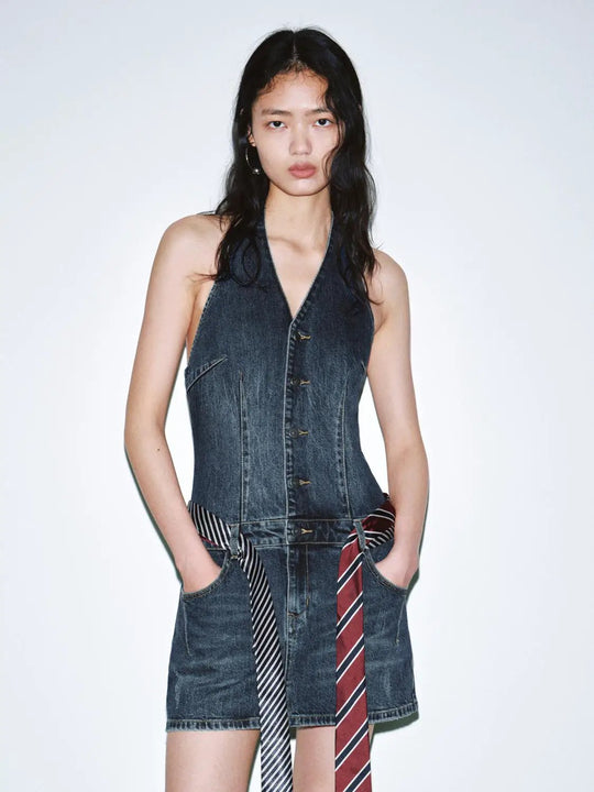 Denim Halter-Neck Backless Elegant Midi Dresses