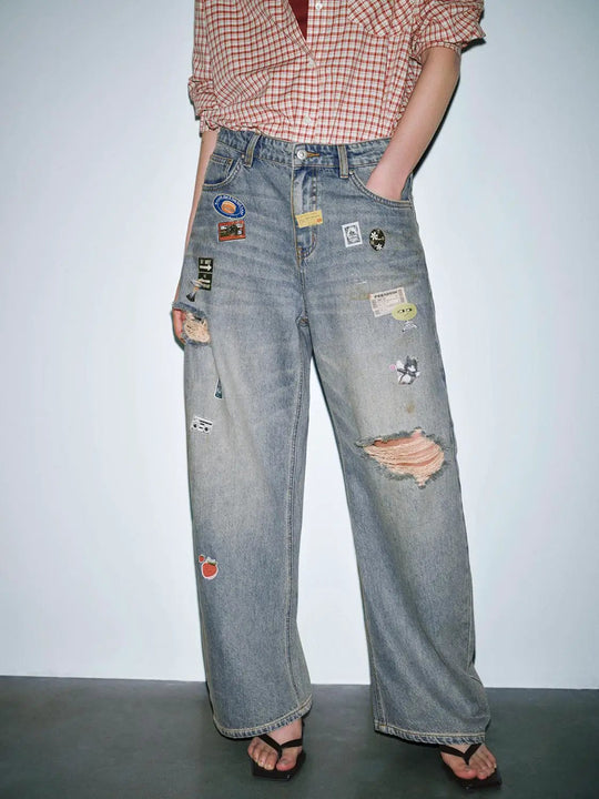 Patchwork Raw Detail Barrel Leg Denim Jeans With Slight Stretch