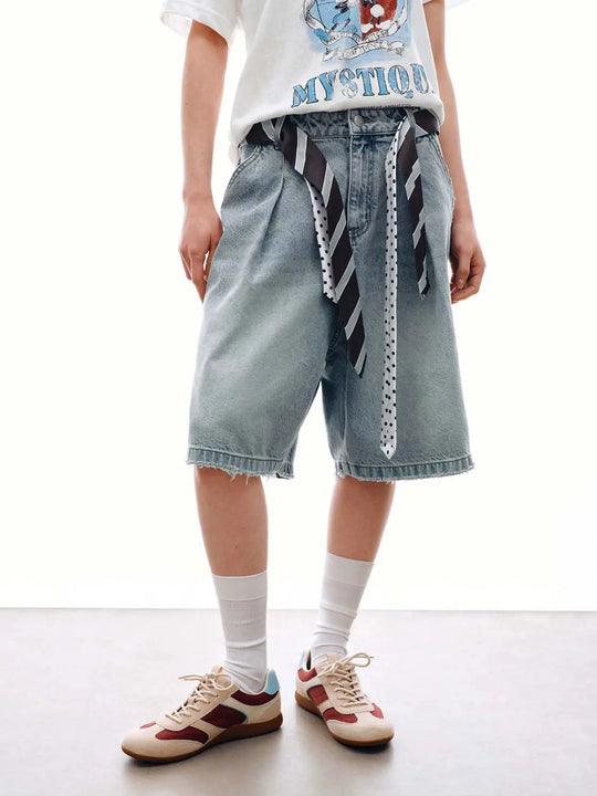 Denim With Tie Belt And Raw Detail Shorts