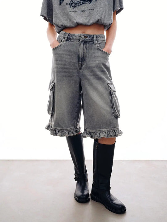 Frill Hem Cargo Pockets Denim Shorts