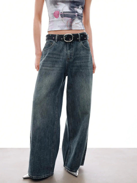 Wide Leg Belted Design Jeans