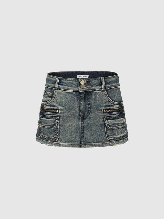 Denim Flap Pocket Mini Skirts With Slight Stretch For Everyday Wear