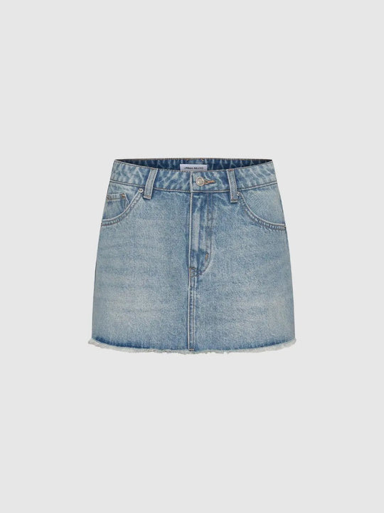 Raw Hem Light Wash High-waisted Cotton Denim Skirt