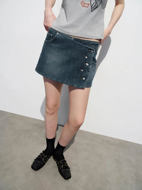Cotton Stretch Five-Button Side Denim Mini Skirt