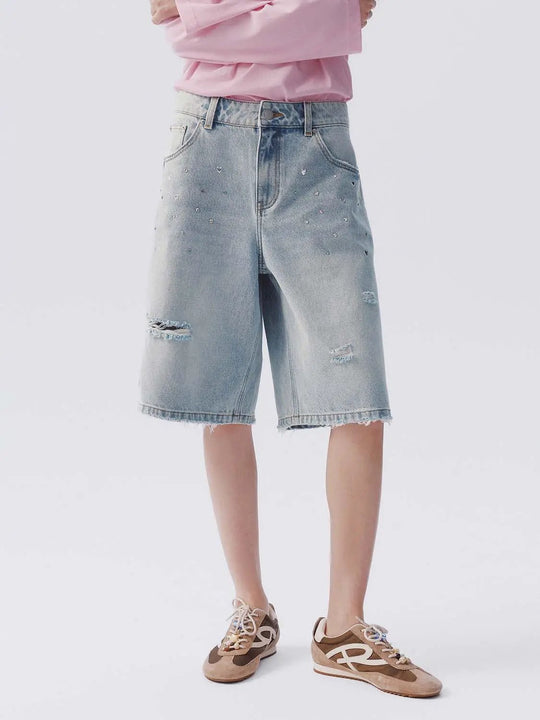 Cotton Distressed Studded Denim Shorts