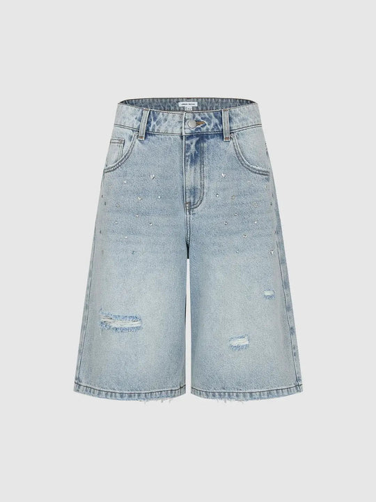 Cotton Distressed Studded Denim Shorts