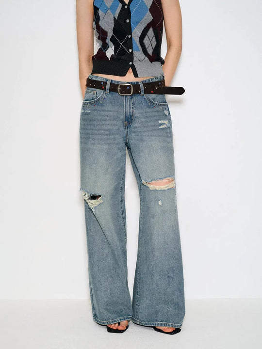 Ripped Wide-leg Cotton Jeans With Frayed Knees