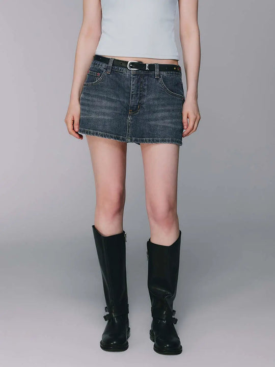 Belted Denim Cotton A-line Mini Skirt