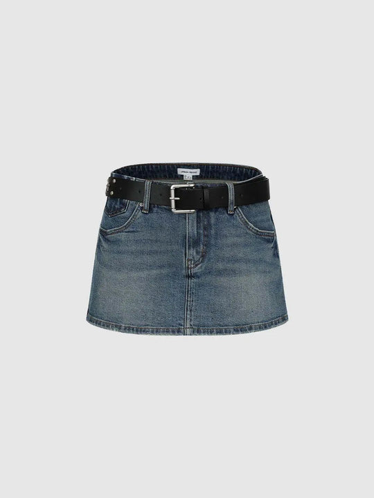 Cotton Denim Belted Skirt
