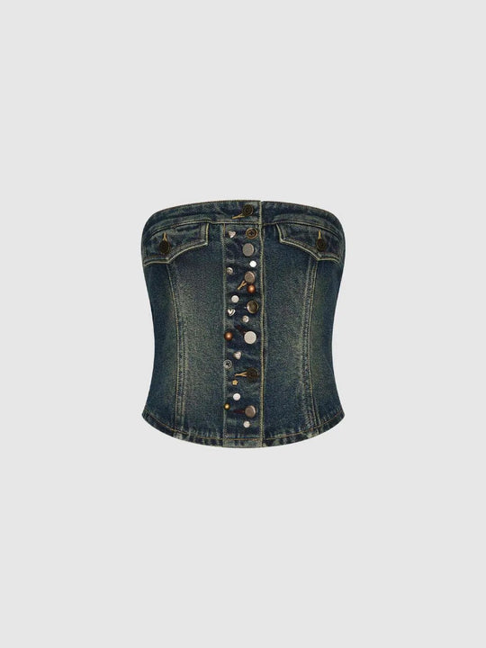 Cotton Button-Front Center-Front With Button Row And Metal Stud Details Corset Top