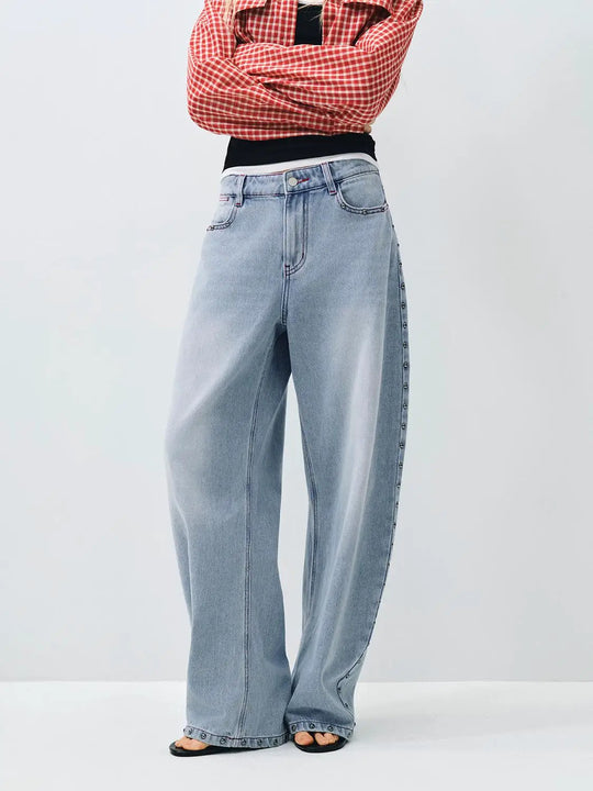Oversized Wide-leg Studded Dark Cotton Jeans