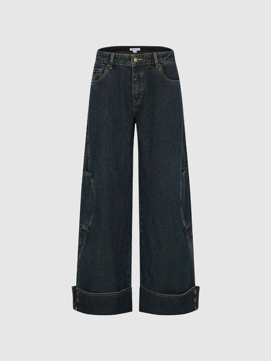 Wide-leg Cotton Jeans With Cuffed Hem And Pockets