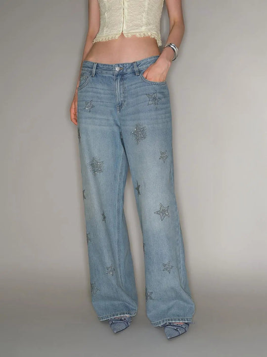 Allover Star Patterned Wide-leg Cotton Jeans