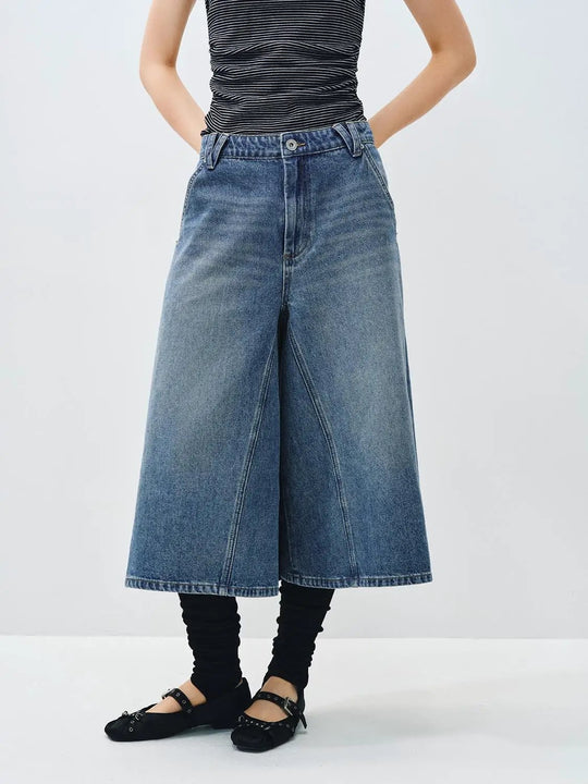 High Waisted Wide-leg Cotton Capri Jeans With Light Wash