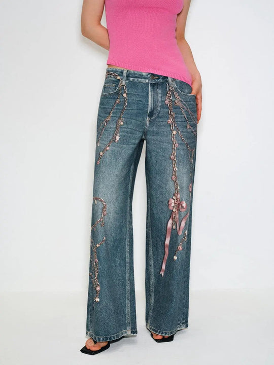 Decorated Low-waisted Wide-leg Jeans