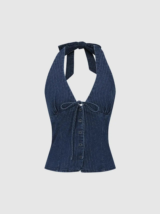 Halter Neck Pinstripe Button-front Tank Top