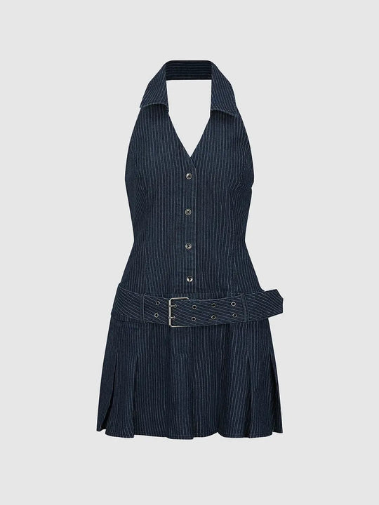 Pinstripe Button Front Belted Halter Dress