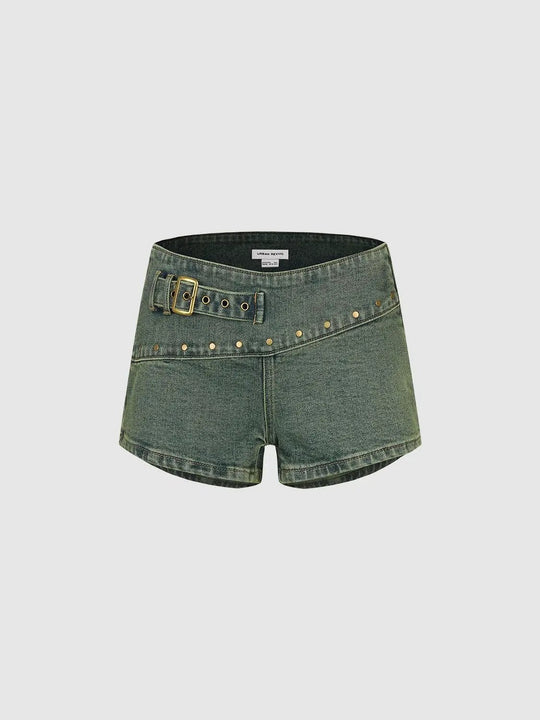 Studded Gold Hardware Belted Denim Shorts