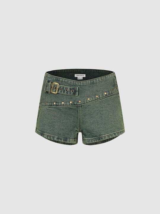 Studded Gold Hardware Belted Denim Shorts