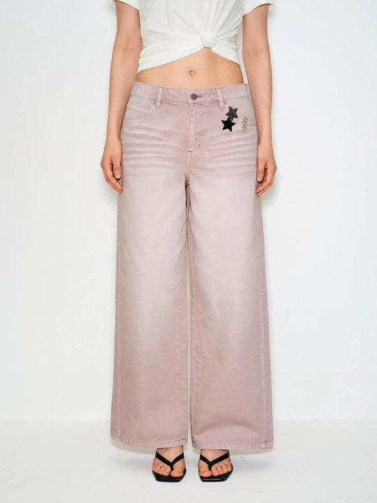 Oversized Wide-leg Star Embroidered Cotton Pants