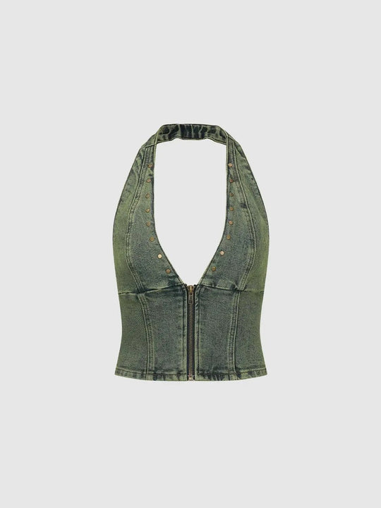 Cropped Studded Halter Zip Cotton Denim Shirt