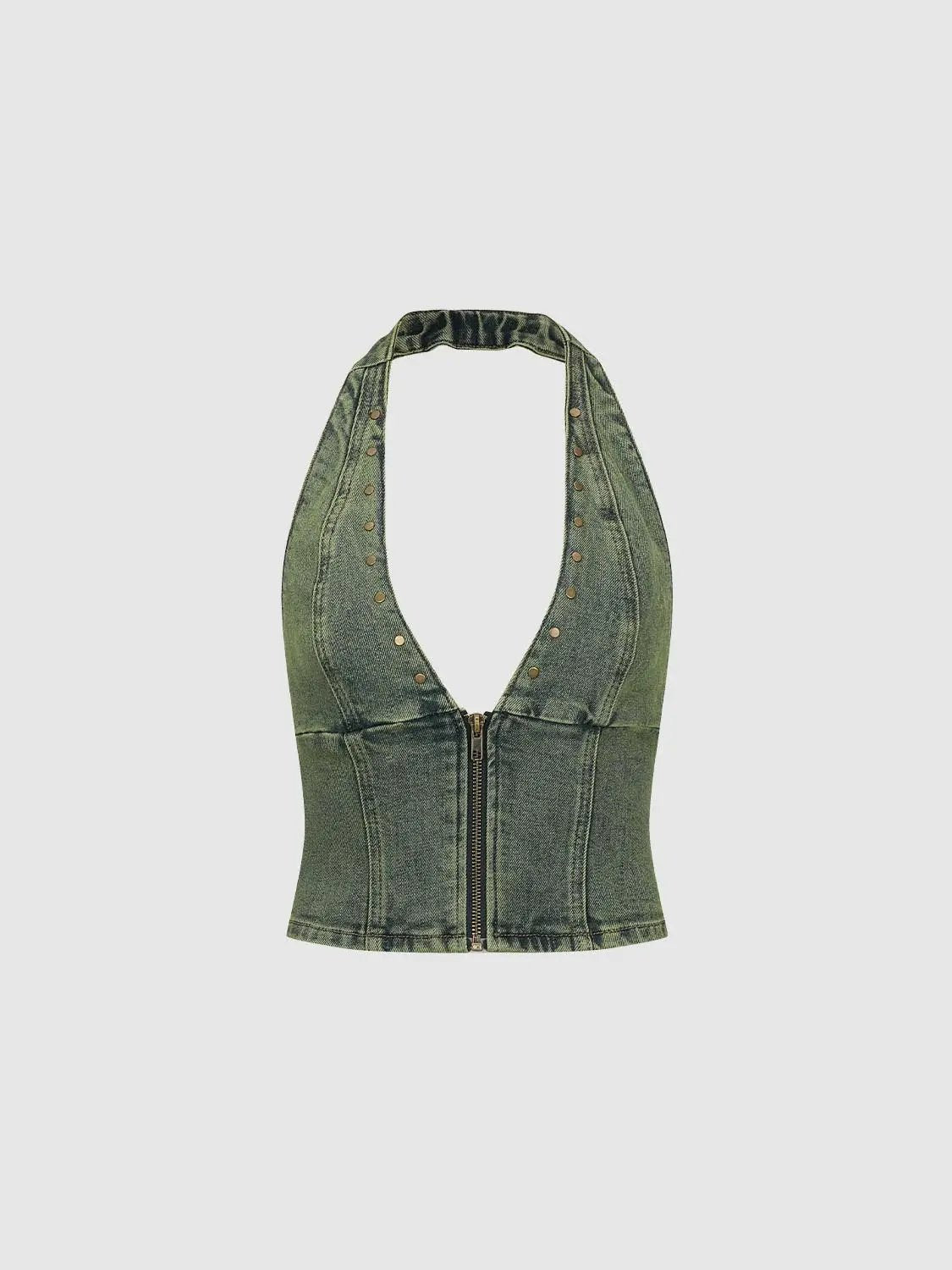 Urban Revivo cropped studded halter cotton denim shirt in olive green with front zipper