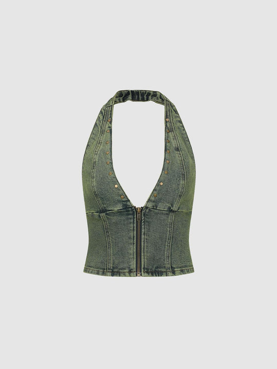Chemise courte en denim de coton à col licou clouté et fermeture éclair