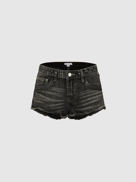 Studded Washed Raw Hem High-waisted Cotton Shorts