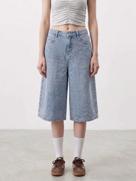 Patchwork Paisley Print Wide-leg Cotton Capri Jeans