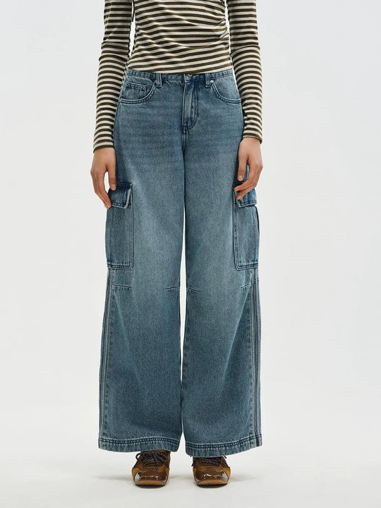 Jean cargo large taille haute en coton