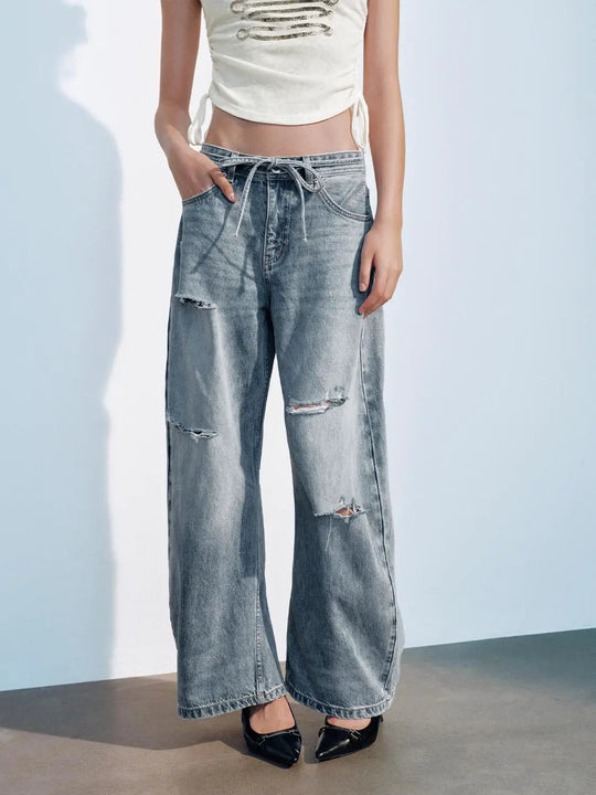 Ripped High-waisted Cotton Wide-leg Jeans