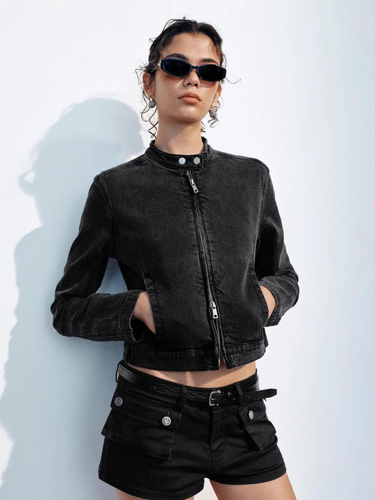 Oversized Black Denim Zip Jacket