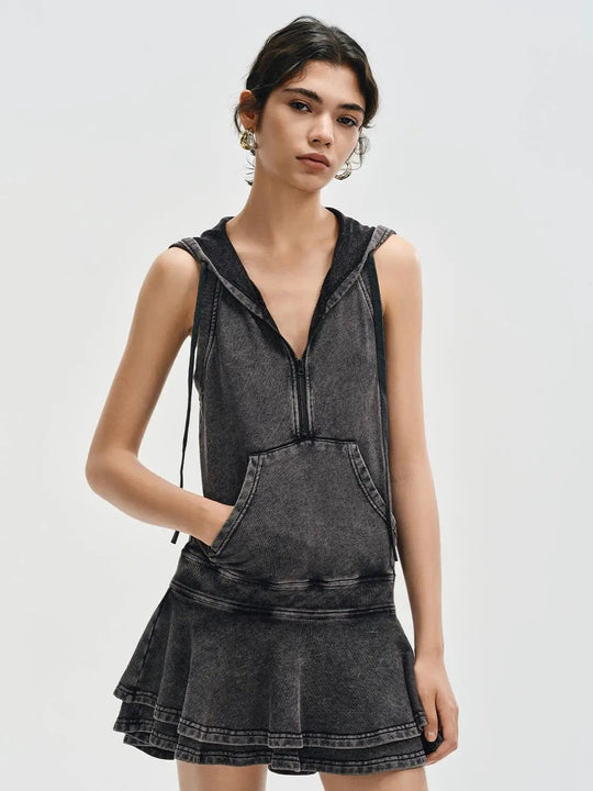 Hooded Zip Front Sleeveless Washed Cotton Ruffle Mini Dress