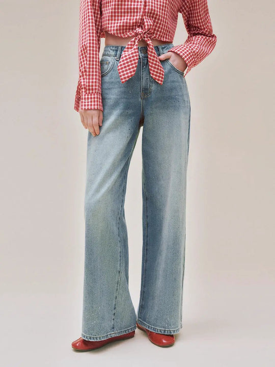 Jeans a gamba larga in cotone a vita alta effetto lavato chiaro