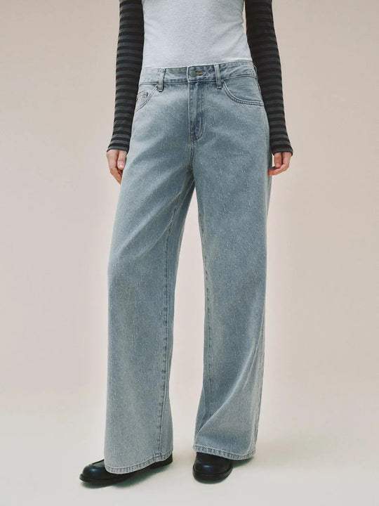 Jean en coton coupe large taille mi-haute à texture délavée claire