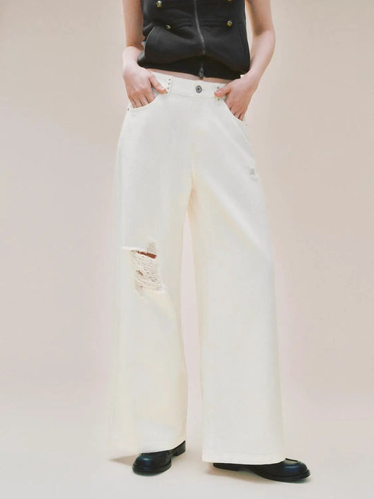 Low-rise Distressed Ripped Cotton Wide-leg Pants
