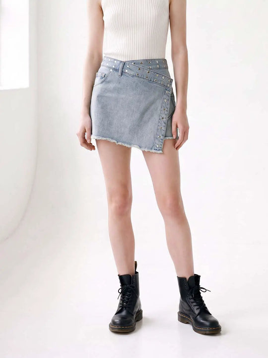 Asymmetric Wrap Studded Frayed Cotton Skirt