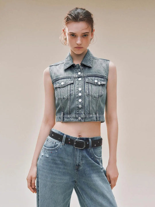 Cropped Sleeveless Button Front Cotton Blend Denim Vest