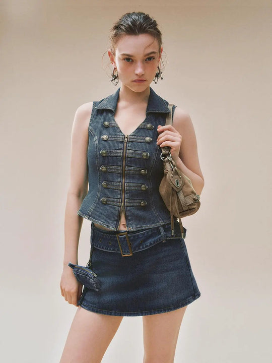 Fitted Zip Front Button Trim Shirt Collar Denim Vest