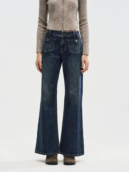 Jean en mélange de coton à jambes larges et taille mi-haute