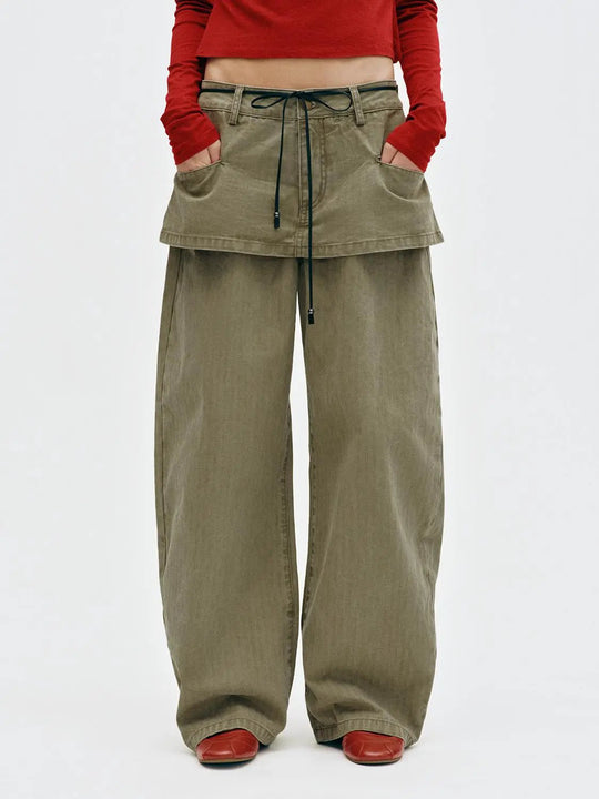 Pleated Drawstring Cotton Wide-leg Pants