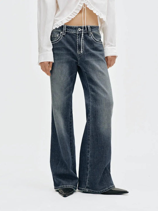 Vintage Washed Contrast Stitching Wide-leg Mid-rise Jeans